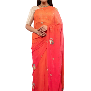 Orange & Pink Shaded Real Silver Work Saree | Pure Chiffon, Butta Design | Jaipurio Luxury Collection